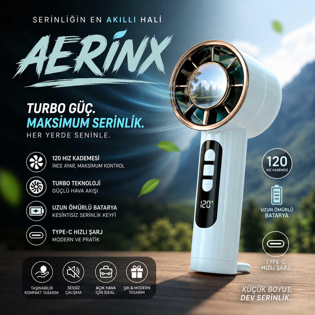 Aerinx Mavi Şarjlı El Fanı 6 Kademe Turbo Vantilatör Type-C Taşınabilir Sessiz Mini Fan