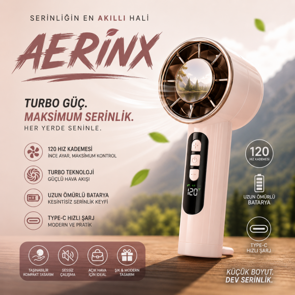 Aerinx Pembe Şarjlı El Fanı 6 Kademe Turbo Vantilatör Type-C Taşınabilir Sessiz Mini Fan