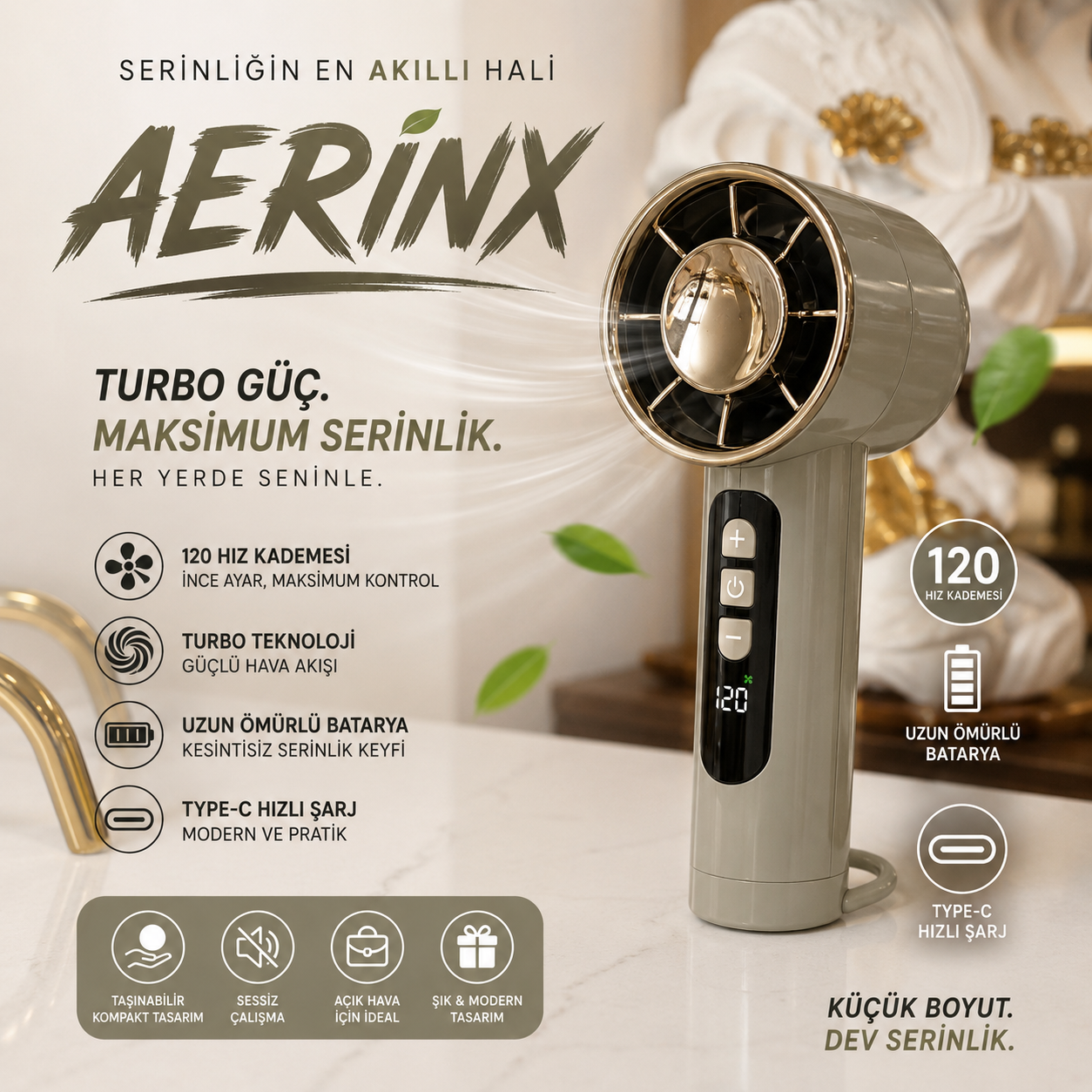 Aerinx Gri Şarjlı El Fanı 6 Kademe Turbo Vantilatör Type-C Taşınabilir Sessiz Mini Fan