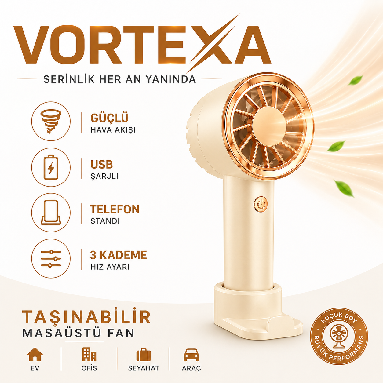 Vortexa Krem Şarjlı El Fanı USB Mini Vantilatör Telefon Standlı Taşınabilir Sessiz Fan
