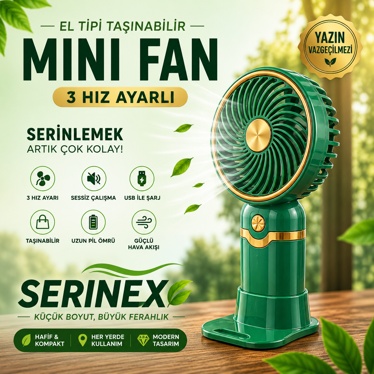 Serinex Yeşil Şarjlı El Fanı Mini Vantilatör USB Taşınabilir Sessiz Masaüstü Fan Modeli