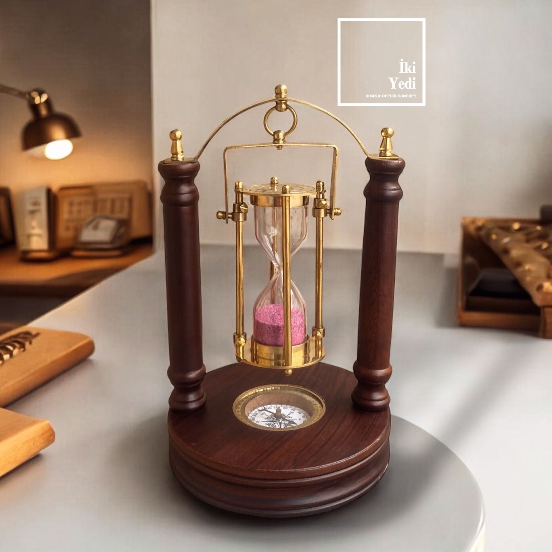 Pascal Ahşap Pirinç Kum Saati, Pusulalı Antik Görünümlü Obje, Dekoratif Ofis Masaüstü Hediyesi