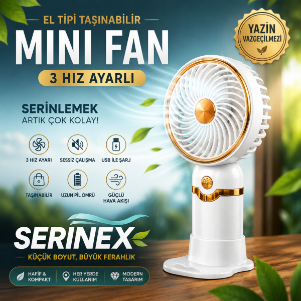 Serinex Beyaz Şarjlı El Fanı Mini Vantilatör USB Taşınabilir Sessiz Masaüstü Fan Modeli