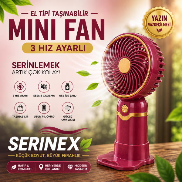 Serinex Bordo Şarjlı El Fanı Mini Vantilatör USB Taşınabilir Sessiz Masaüstü Fan Modeli