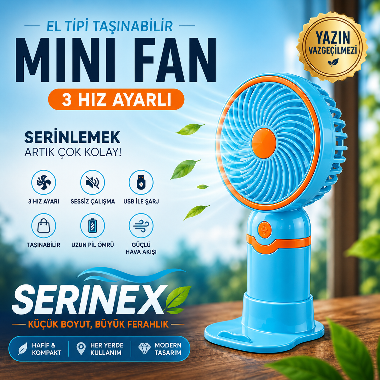 Serinex Mavi Şarjlı El Fanı Mini Vantilatör USB Taşınabilir Sessiz Masaüstü Fan Modeli
