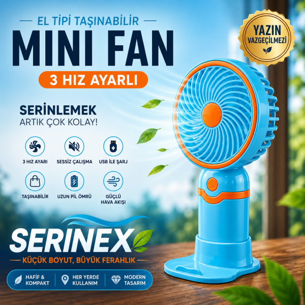 Serinex Mavi Şarjlı El Fanı Mini Vantilatör USB Taşınabilir Sessiz Masaüstü Fan Modeli
