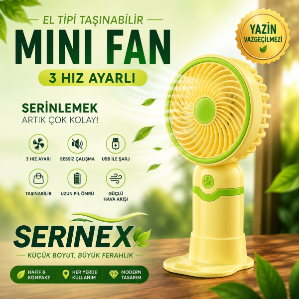 Serinex Sarı Şarjlı El Fanı Mini Vantilatör USB Taşınabilir Sessiz Masaüstü Fan Modeli