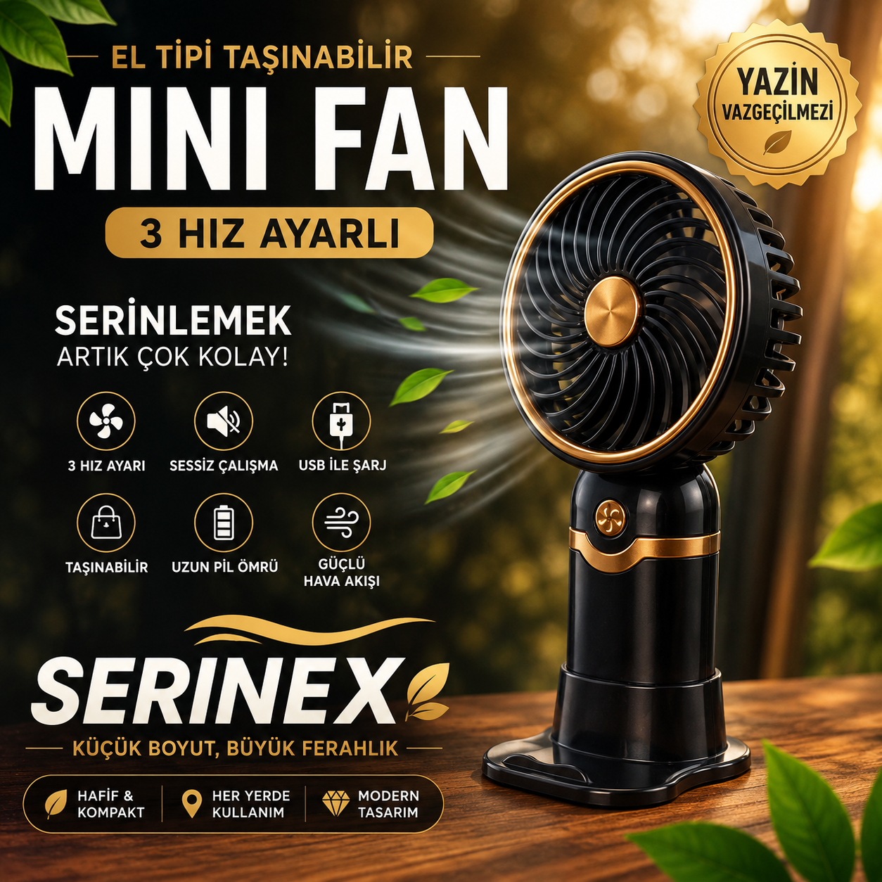 Serinex Siyah Şarjlı El Fanı Mini Vantilatör USB Taşınabilir Sessiz Masaüstü Fan Modeli