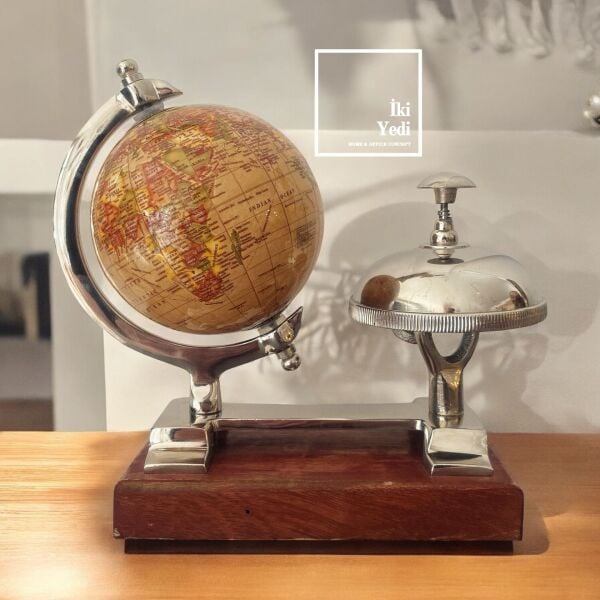 Wong Ahşap Kaideli Dünya Küresi Zil, Eskitme Krom Resepsiyon Zili, Antika Ofis Ev Hediyelik Obje