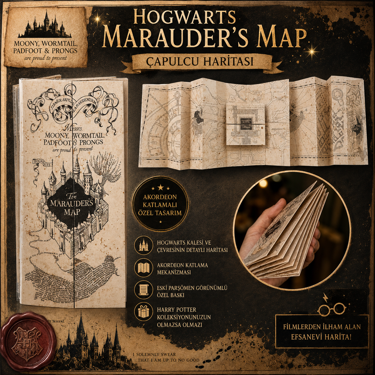 Harry Potter Çapulcu Haritası Akordeon Katlamalı Özel Tasarım Hogwarts Marauder's Map Hediyelik
