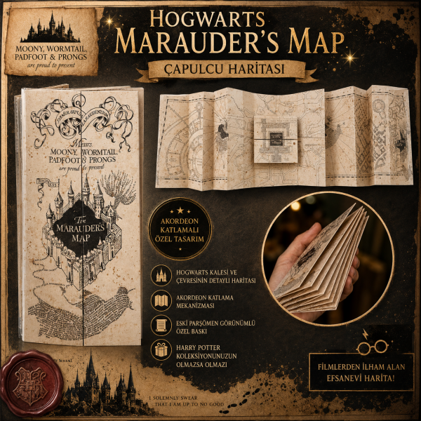 Harry Potter Çapulcu Haritası Akordeon Katlamalı Özel Tasarım Hogwarts Marauder's Map Hediyelik