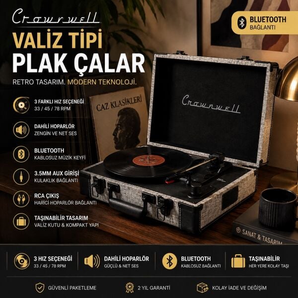 Crownwell Bluetoothlu Valiz Tip Çantalı Pikap Plak Çalar 33/45/78 RPM Dahili Hoparlör Retro Tasarım