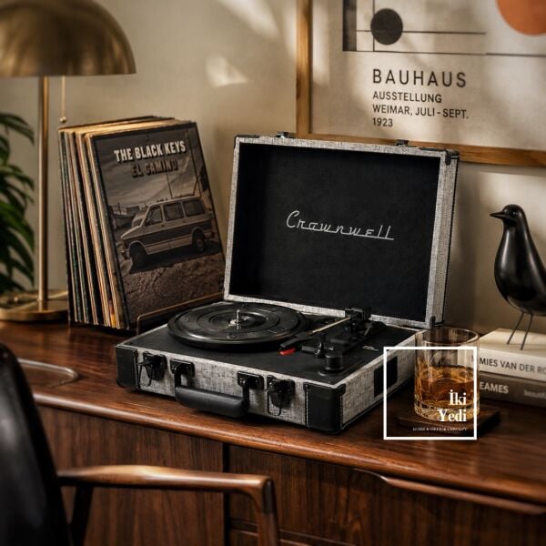 Crownwell Bluetoothlu Valiz Tip Çantalı Pikap Plak Çalar 33/45/78 RPM Dahili Hoparlör Retro Tasarım