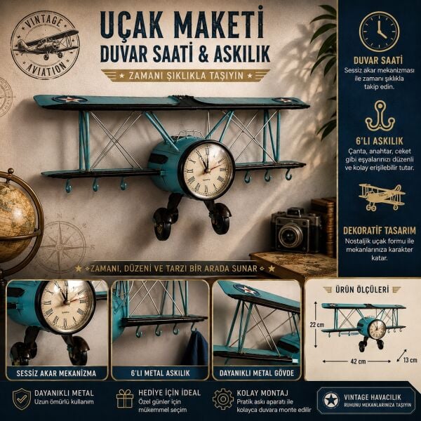 Cloport Retro Uçak Maketi Duvar Saati 6'lı Metal Askılık Vintage Endüstriyel Dekoratif Ev Hediyesi