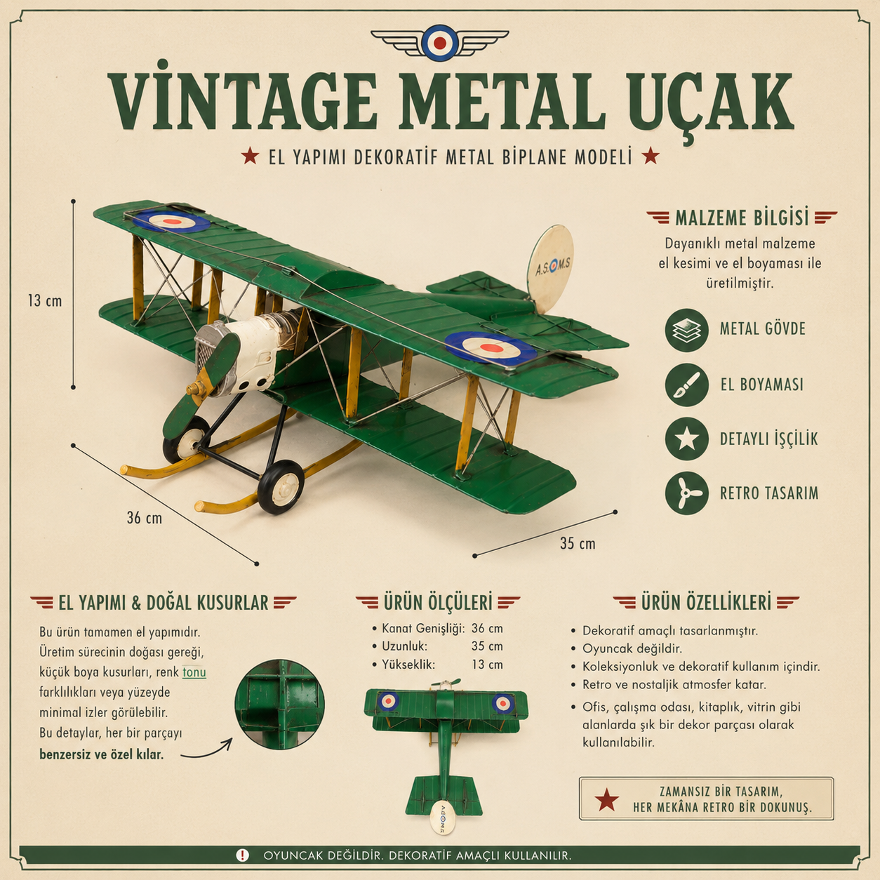 Asoms Vintage Yeşil Metal Uçak Maketi El Yapımı Dekoratif Çift Kanatlı Retro Uçak Modeli Hediyelik