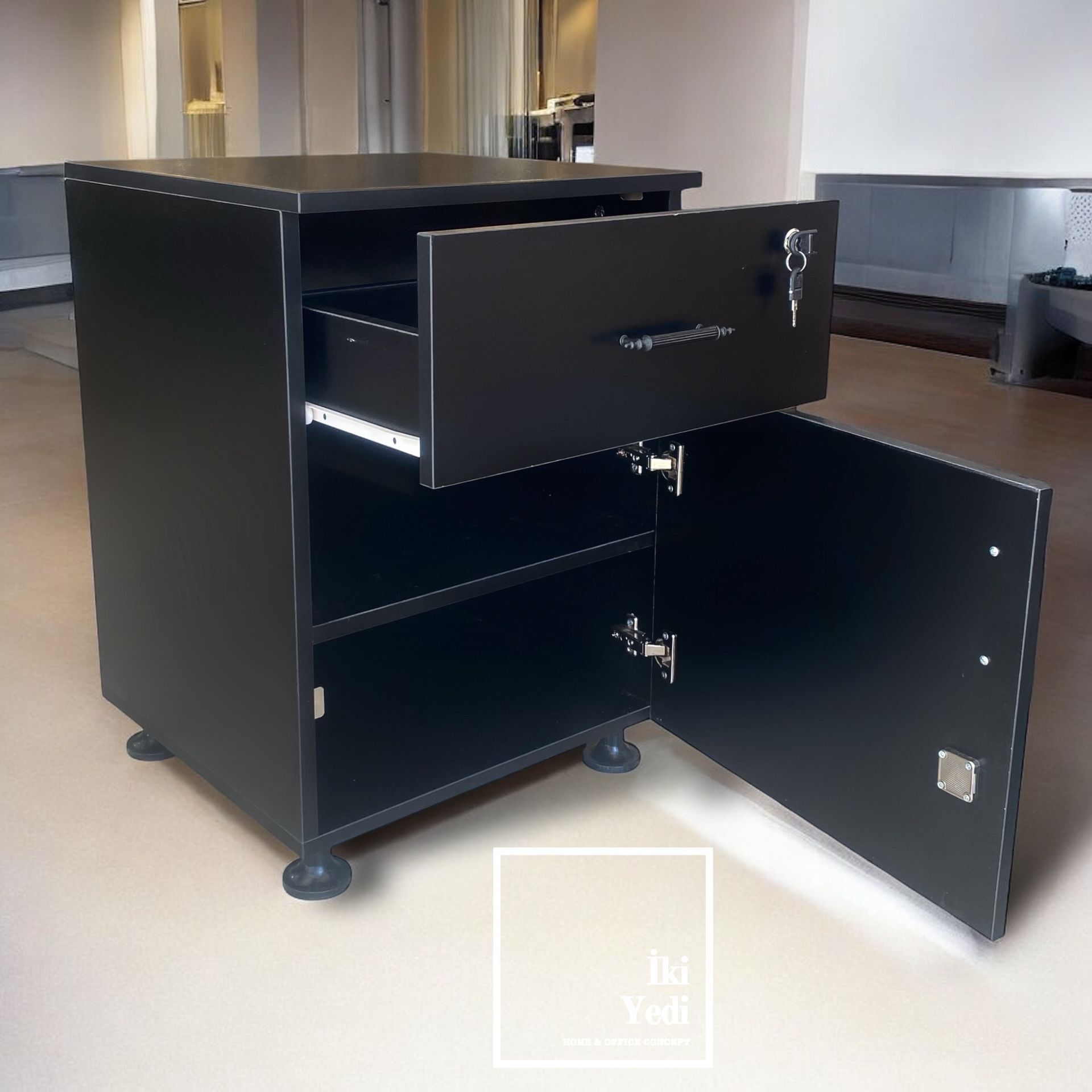 Miguel Siyah Keson Dolabı Kilitli Kapaklı Çekmeceli Çok Amaçlı Dolap Ev Ofis Büro Mobilyaları