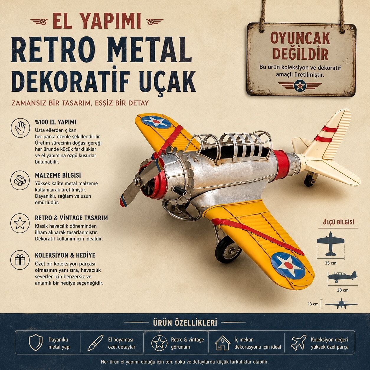 Dynablade El Yapımı Retro Metal Dekoratif Uçak Maketi – Vintage Havacılık Tasarımı Masaüstü Objesi