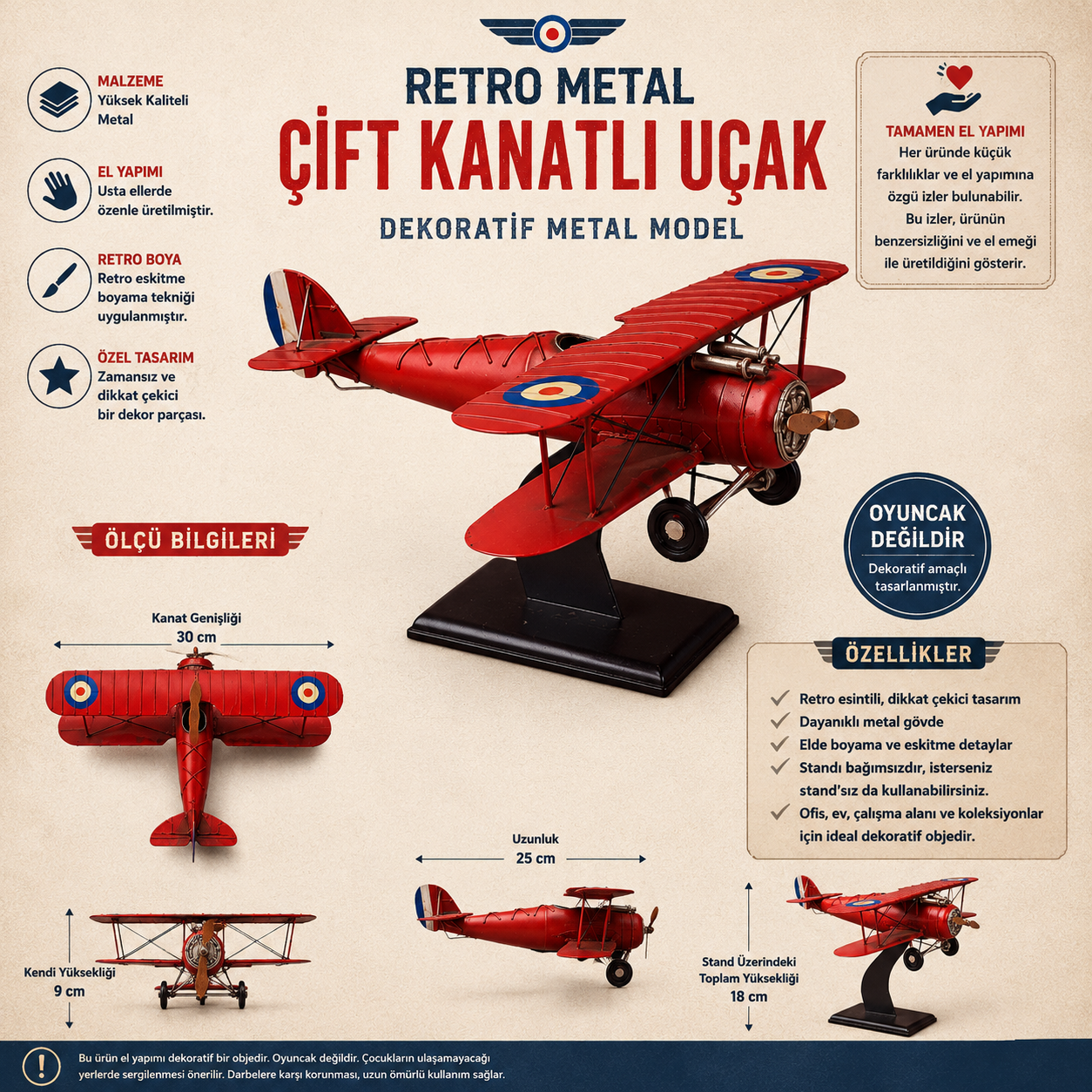 Krenva Retro Metal Çift Kanatlı Uçak - El Yapımı Dekoratif Kırmızı Uçak Modeli (30 cm) Hediyelik