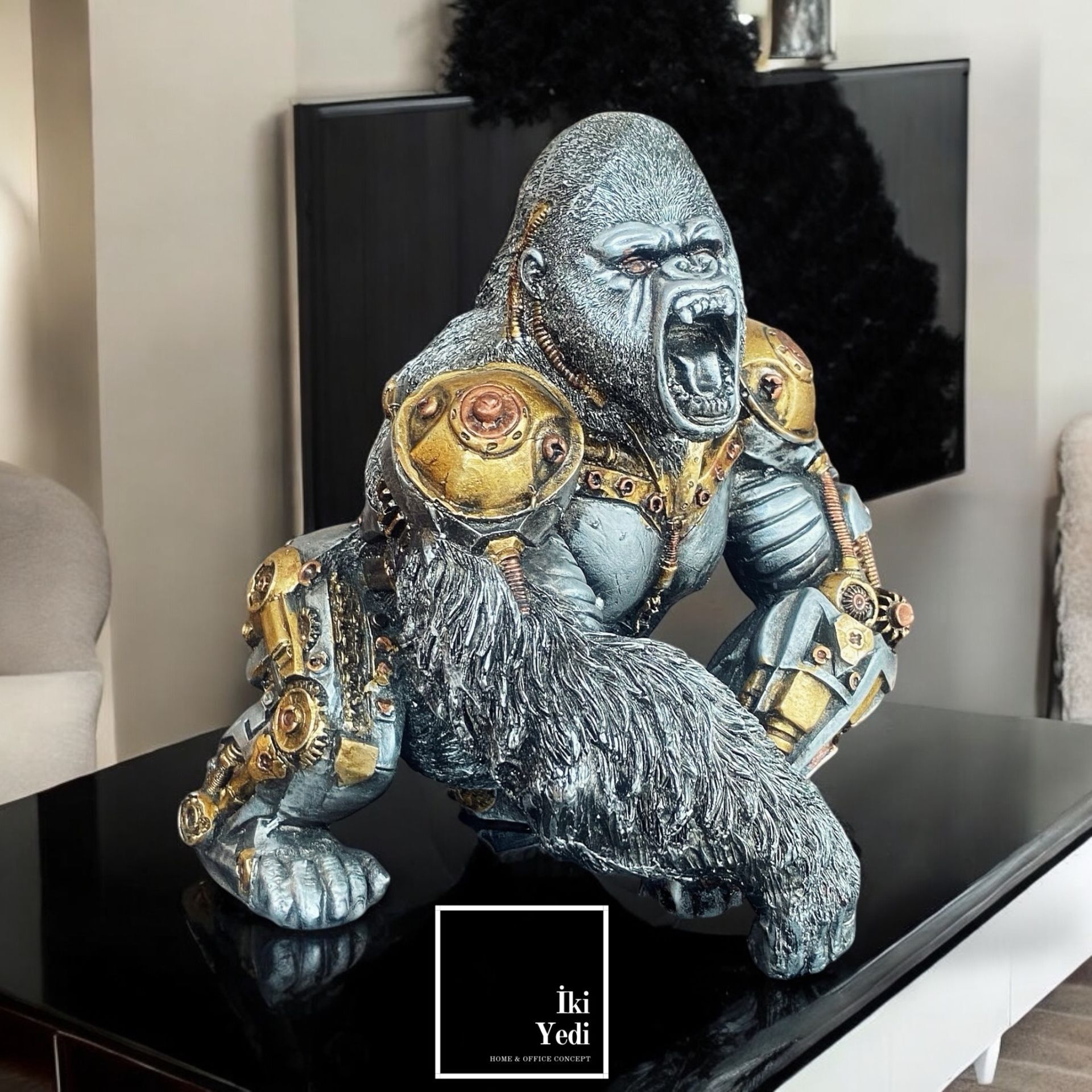 Steampunk Goril Heykeli Mekanik Çarklı Tasarım Dekoratif Obje Makina Figür Konsept Dekor Ev Ofis