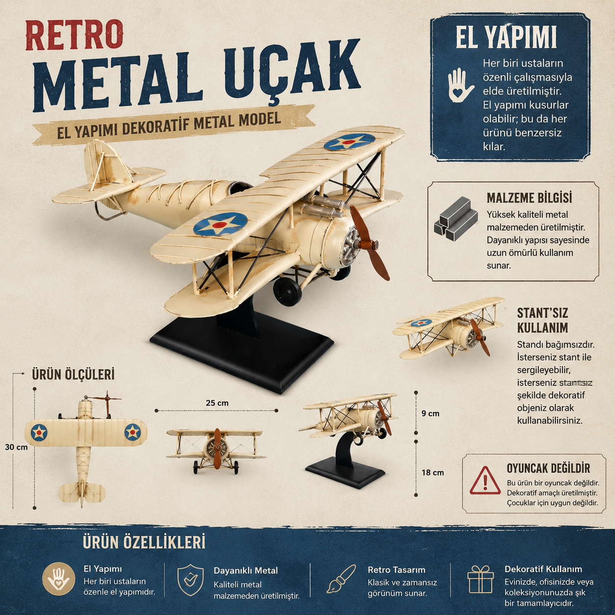 Krenva Klasik Krem Retro Metal Uçak - El Yapımı Çift Kanatlı Dekoratif Maket Uçak Hediyelik Eşyalar