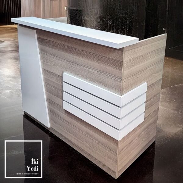 Prefet 140 cm Beyaz Detaylı Karşılama Bankosu Resepsiyon Masası Para Kasası Desk Ofis Okul Otel Cafe Restoran Mobilyaları