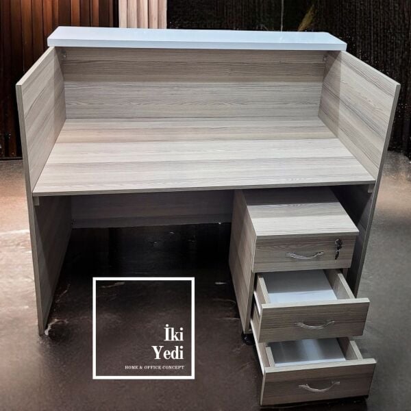 Prefet 140 cm Beyaz Detaylı Karşılama Bankosu Resepsiyon Masası Para Kasası Desk Ofis Okul Otel Cafe Restoran Mobilyaları