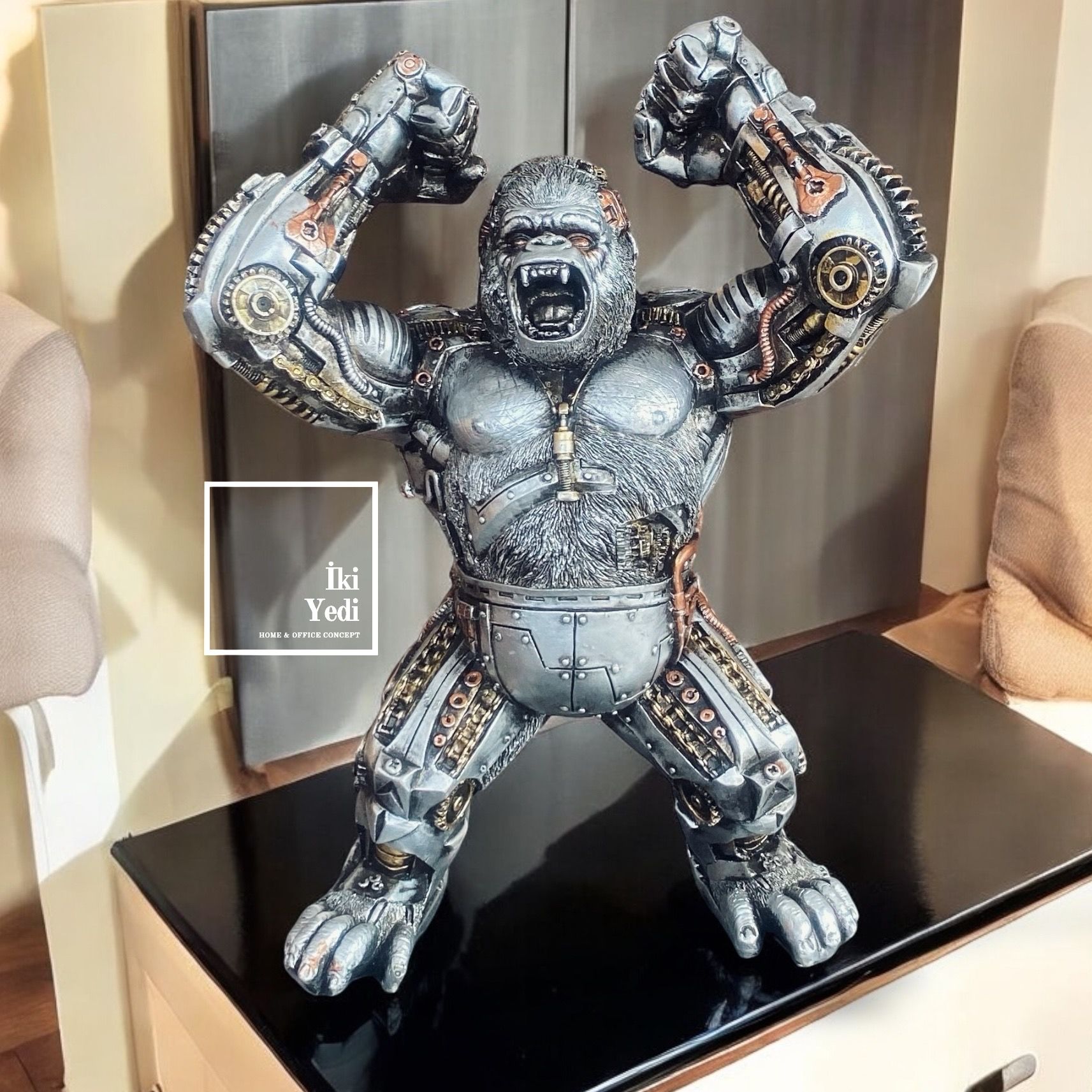 Steampunk Goril Heykeli Mekanik Çarklı Tasarım Dekoratif Obje Makina Figür Konsept Dekor Ev Ofis