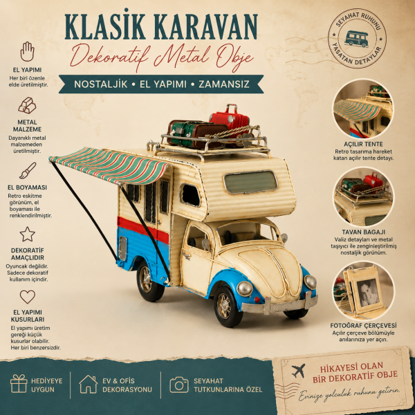 Roavelt Nostaljik Metal Karavan Obje El Yapımı Vintage Vosvos Karavan Maketi Fotoğraf Çerçeveli