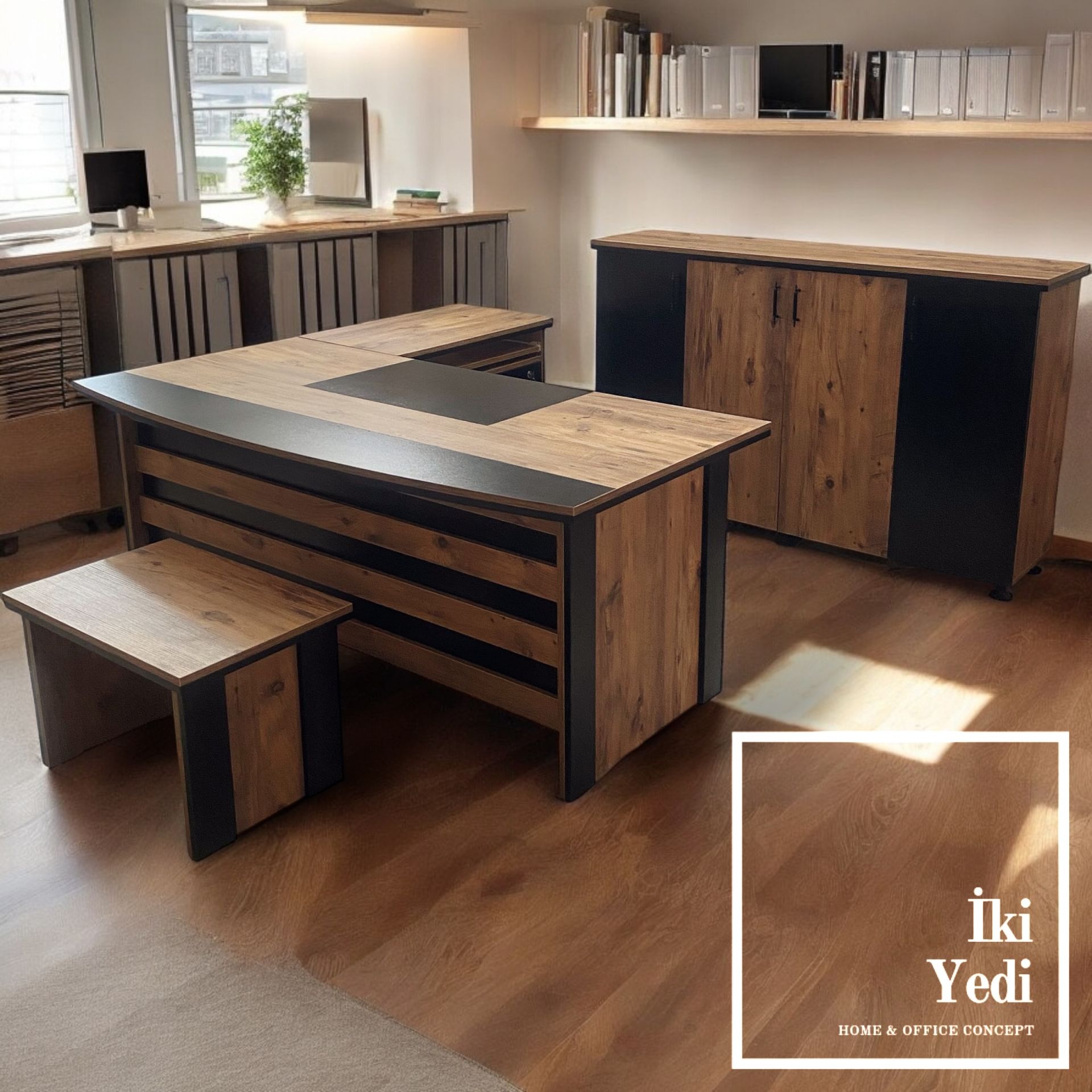 Rodos 180 cm Ofis Mobilya Takımı Makam Odası Büro Mobilyaları Yönetici Çalışma Masası Seti Kavisli Tasarım