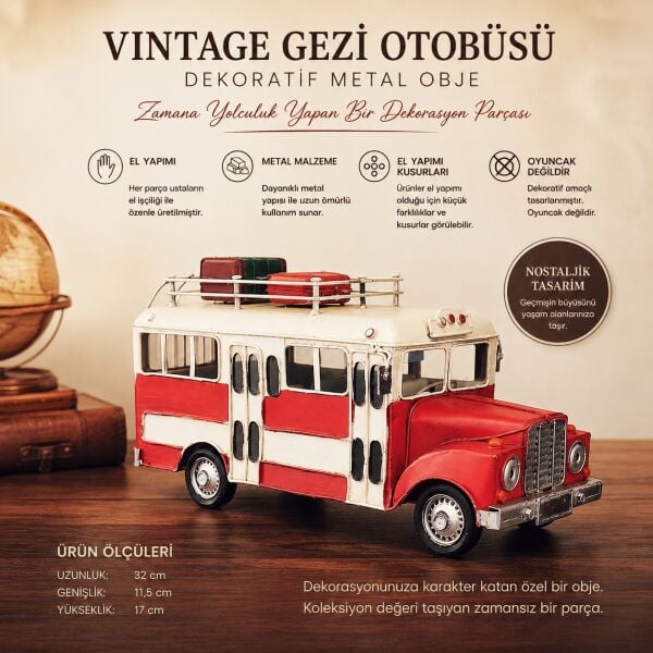 Ruedalgia Vintage Metal Gezi Otobüsü Dekoratif Obje El Yapımı Nostaljik Retro Metal Model Maket