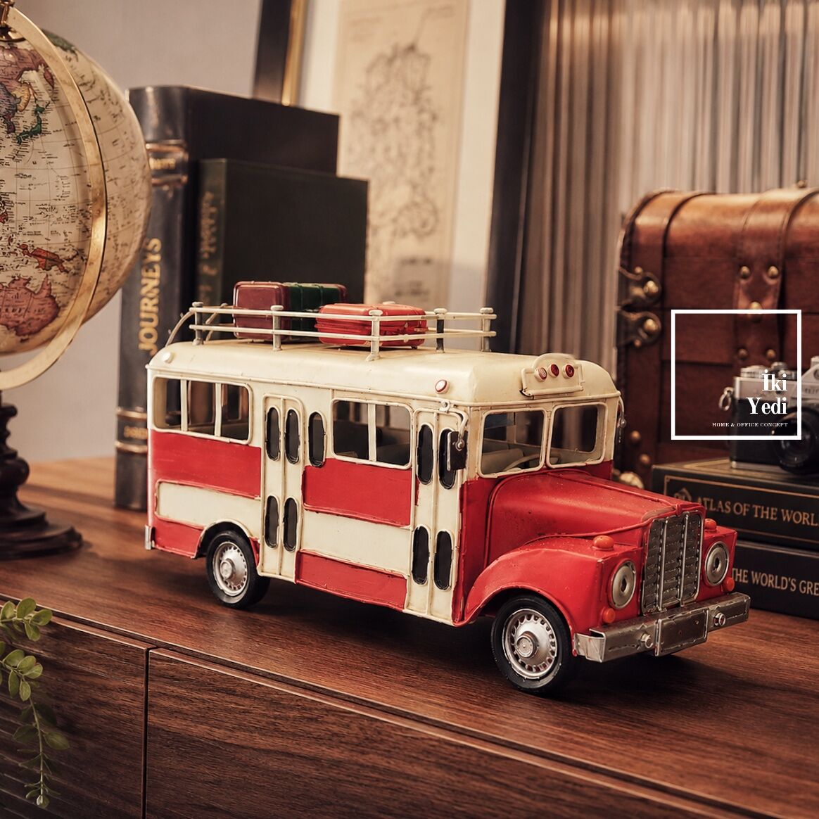 Ruedalgia Vintage Metal Gezi Otobüsü Dekoratif Obje El Yapımı Nostaljik Retro Metal Model Maket