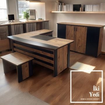 Rodos 180 cm Ofis Mobilya Takımı Makam Odası Büro Mobilyaları Yönetici Çalışma Masası Seti Fileli Sandalyeli