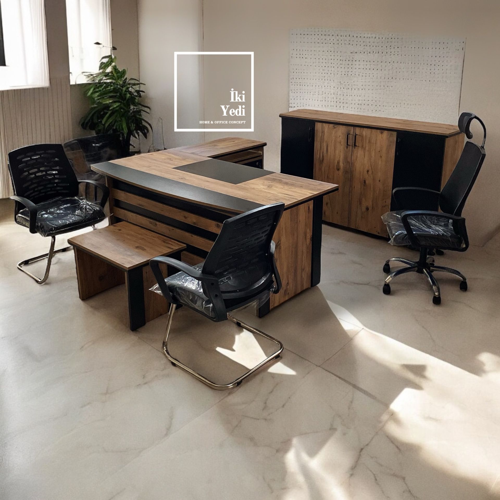 Rodos 180 cm Ofis Mobilya Takımı Makam Odası Büro Mobilyaları Yönetici Çalışma Masası Seti Fileli Sandalyeli