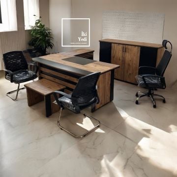 Rodos 180 cm Ofis Mobilya Takımı Makam Odası Büro Mobilyaları Yönetici Çalışma Masası Seti Fileli Sandalyeli