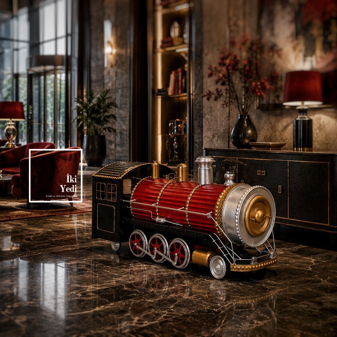 Ferrovium Büyük Metal Lokomotif Maketi Lüks Otel Lobisi Restoran Konsol Üstü Büyük Dekorasyon Obje