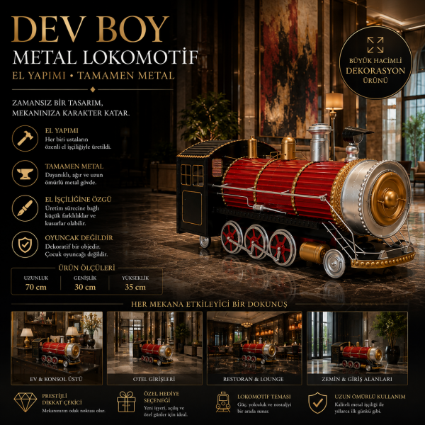 Ferrovium Büyük Metal Lokomotif Maketi Lüks Otel Lobisi Restoran Konsol Üstü Büyük Dekorasyon Obje