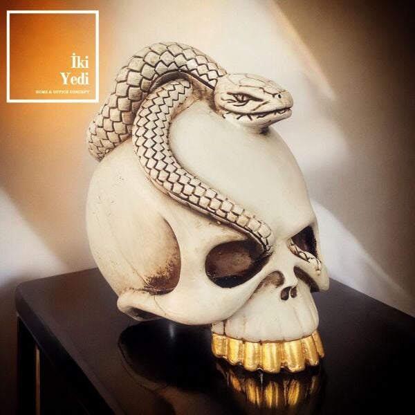 Yılan Figürlü Kurukafa Objesi Masa Üstü Dekoratif Obje Sıradışı Hediyelik Eşya Ev Ofis Dekorasyonu