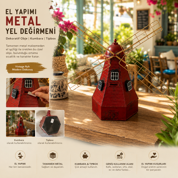 Windgelde Nostaljik Metal Yel Değirmeni Kumbara ve Cafe Tip Box - El Yapımı Vintage Dekoratif Obje