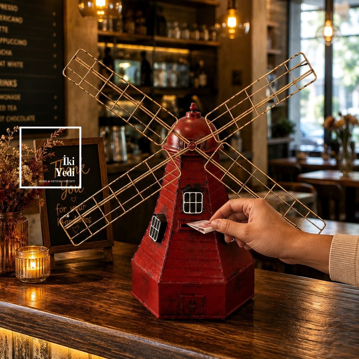 Windgelde Nostaljik Metal Yel Değirmeni Kumbara ve Cafe Tip Box - El Yapımı Vintage Dekoratif Obje