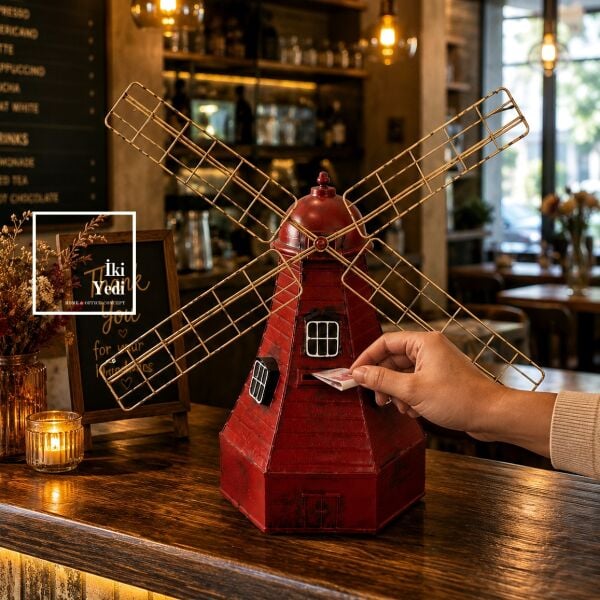 Windgelde Nostaljik Metal Yel Değirmeni Kumbara ve Cafe Tip Box - El Yapımı Vintage Dekoratif Obje