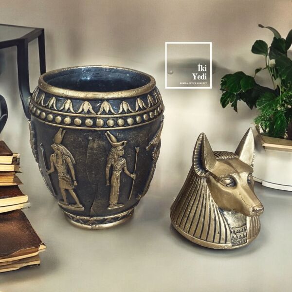 Anubis Figürlü Antik Mısır Küp Obje, Dekoratif Ev Ofis Aksesuarı, Hediyelik Tematik Biblo