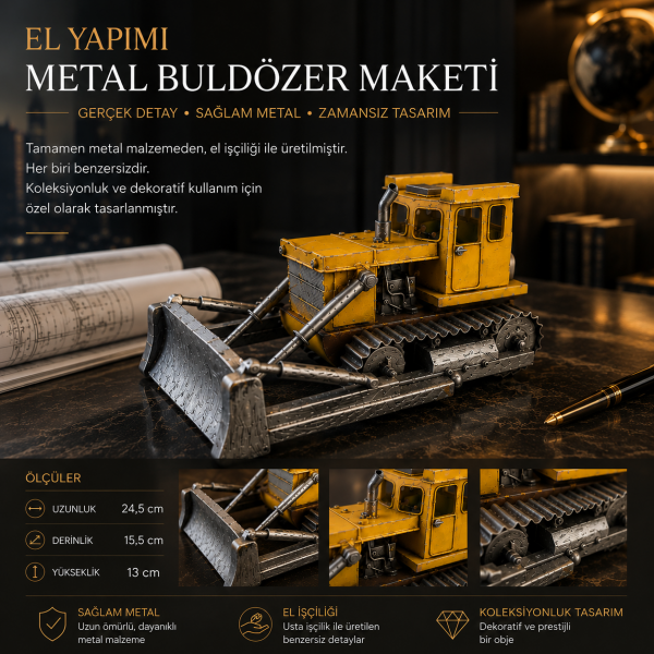 Erdmeister El Yapımı Metal Buldozer Maketi İş Makinası Vintage Dozer Modeli Ofis Masa Üstü Objesi