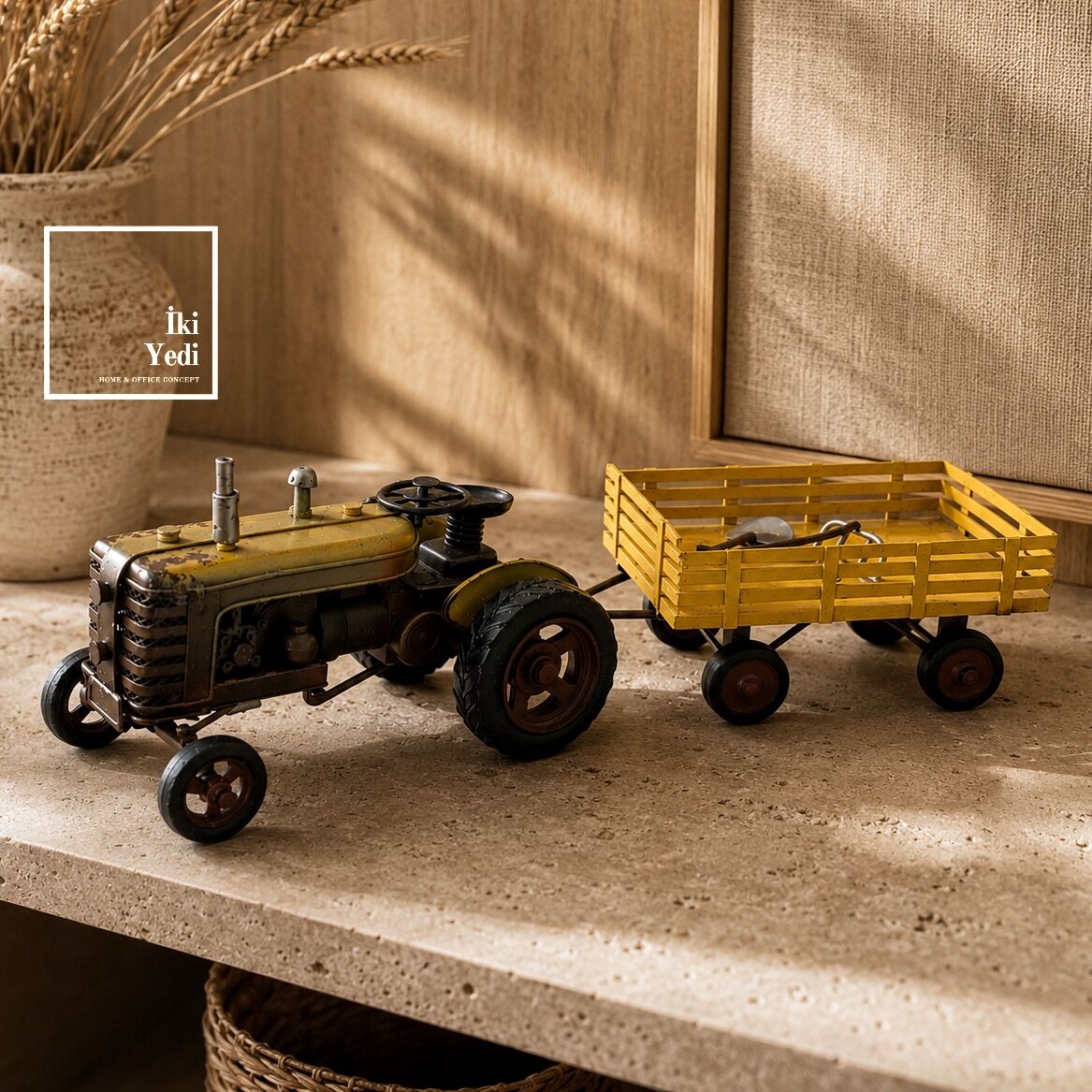 Agrovon Römorklu Metal Traktör Maketi El Yapımı Nostaljik Tarım Aracı Modeli Vintage Dekoratif Obje