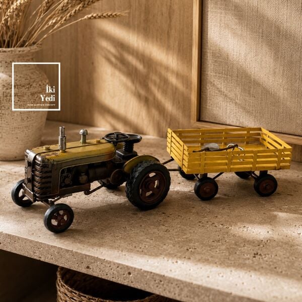 Agrovon Römorklu Metal Traktör Maketi El Yapımı Nostaljik Tarım Aracı Modeli Vintage Dekoratif Obje