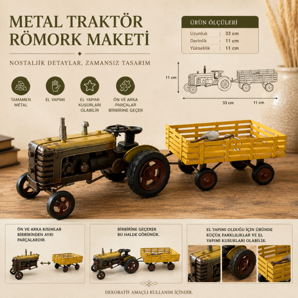 Agrovon Römorklu Metal Traktör Maketi El Yapımı Nostaljik Tarım Aracı Modeli Vintage Dekoratif Obje
