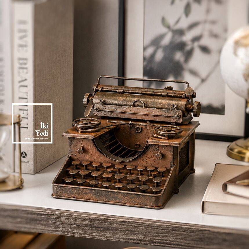 Stylon El Yapımı Metal Daktilo Maketi  Antik Eskitme Retro Yazı Makinesi Modeli Vintage Ofis Objesi