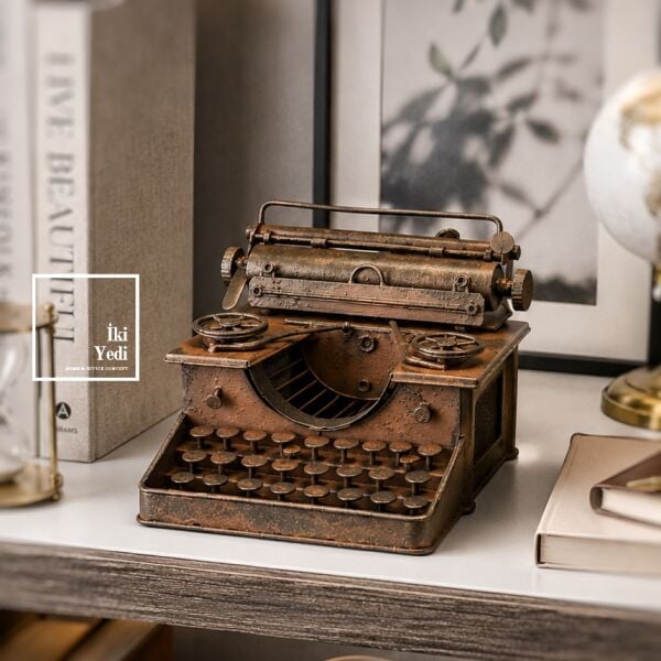 Stylon El Yapımı Metal Daktilo Maketi  Antik Eskitme Retro Yazı Makinesi Modeli Vintage Ofis Objesi