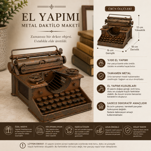 Stylon El Yapımı Metal Daktilo Maketi  Antik Eskitme Retro Yazı Makinesi Modeli Vintage Ofis Objesi