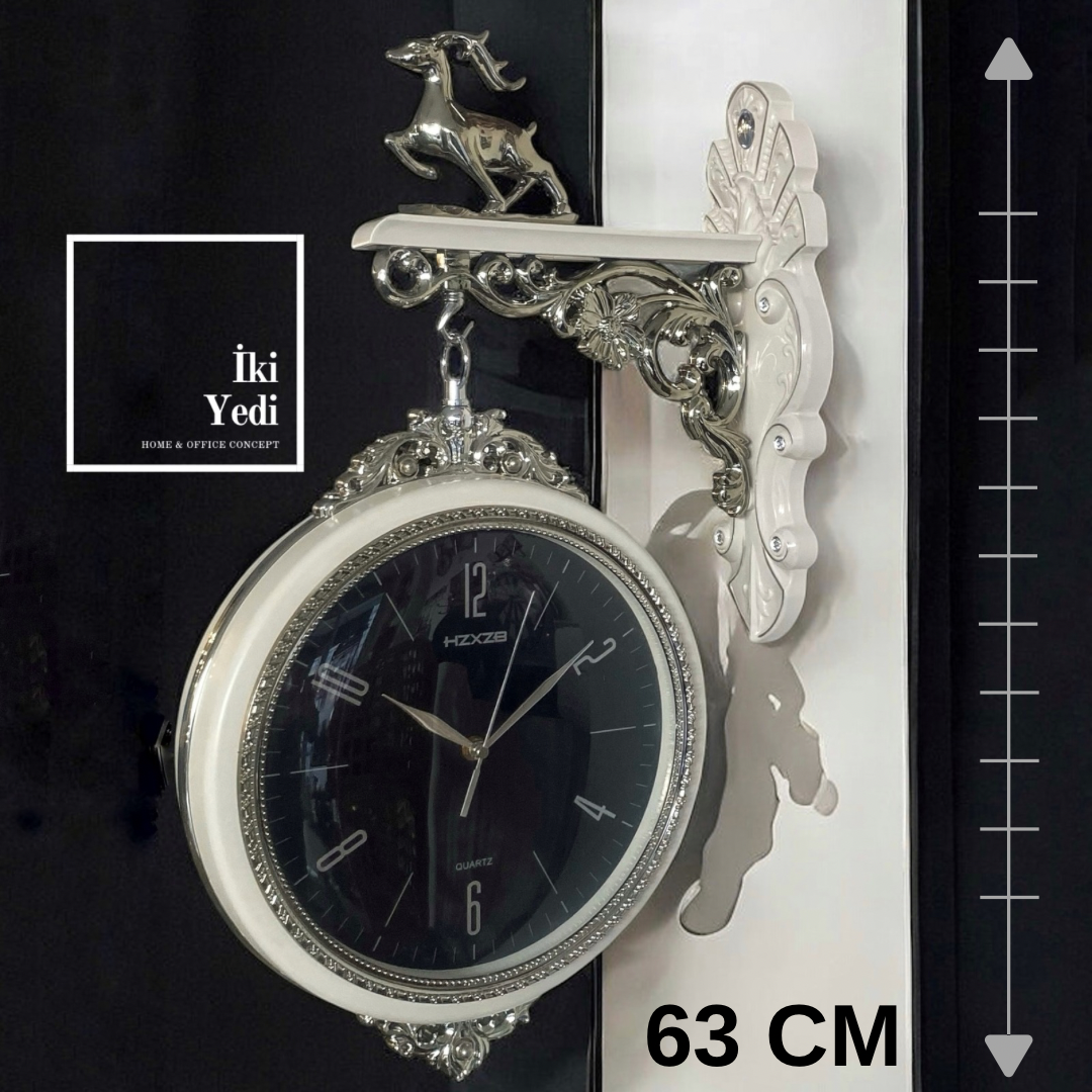 Kanije Geyik Figürlü Çift Taraflı Beyaz Duvar Saati, Büyük İstasyon Saat Ev Ofis Dekoru