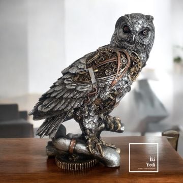 Steampunk Baykuş Heykeli Dekoru Mekanik Çarklı Tasarım Dekoratif Objeler Makina Figürlü Konsept Şık